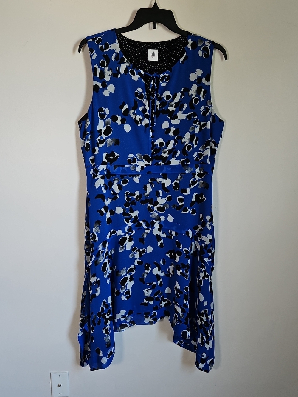 Cabi Untamed Dress Handkerchief Hem Tie Button Bodice Blue Print XL Sleeveless